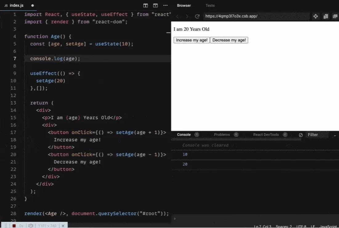 Exemple de React useEffect que actualitza l'estat de l'edat a 20