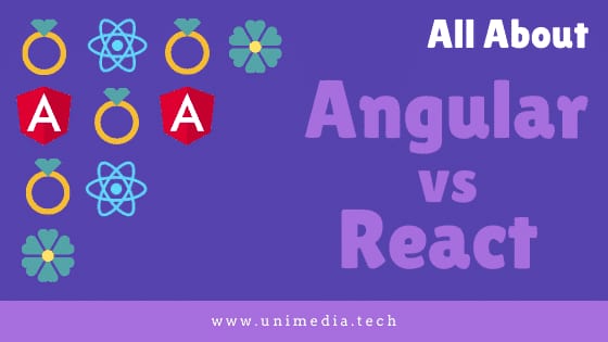 Rètol amb el text «All About Angular vs React» al costat d’una graella de logotips d’Angular i de React