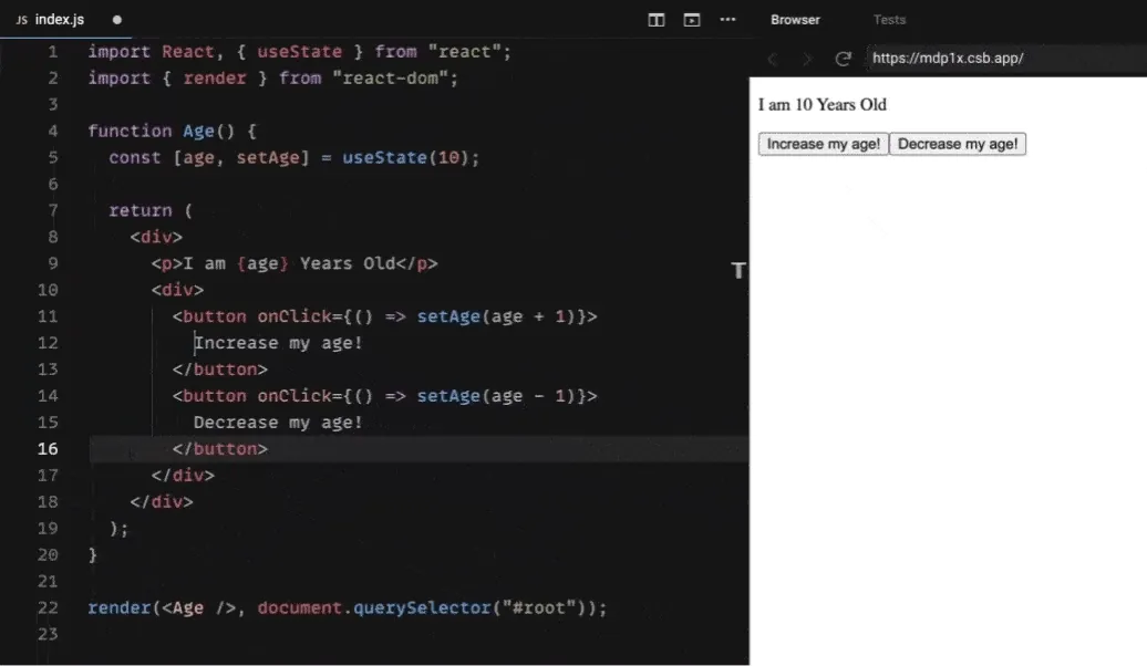 Exemple de React useState amb controls d'edat i el resultat al navegador