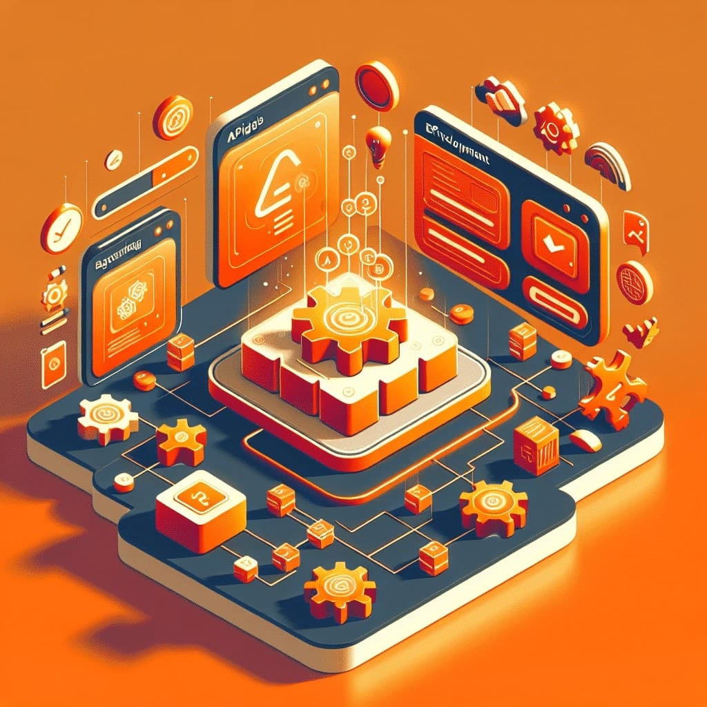 Isometric illustration of interlocking gears on a platform, wired to floating panels representing API endpoints and developer tools