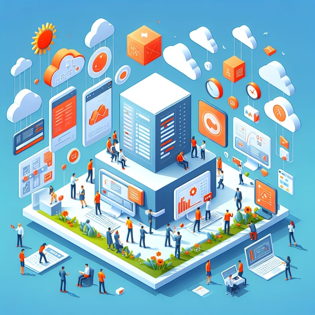 Isometric illustration of a crowd of consultants around a central server block, with dashboards and clouds floating above