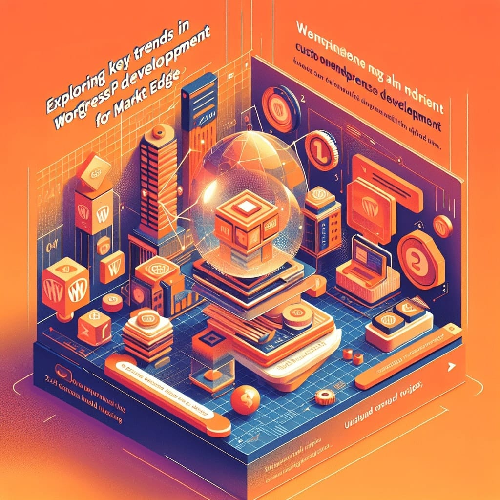 Isometric illustration of WordPress-branded blocks and dashboard panels around a glowing glass sphere