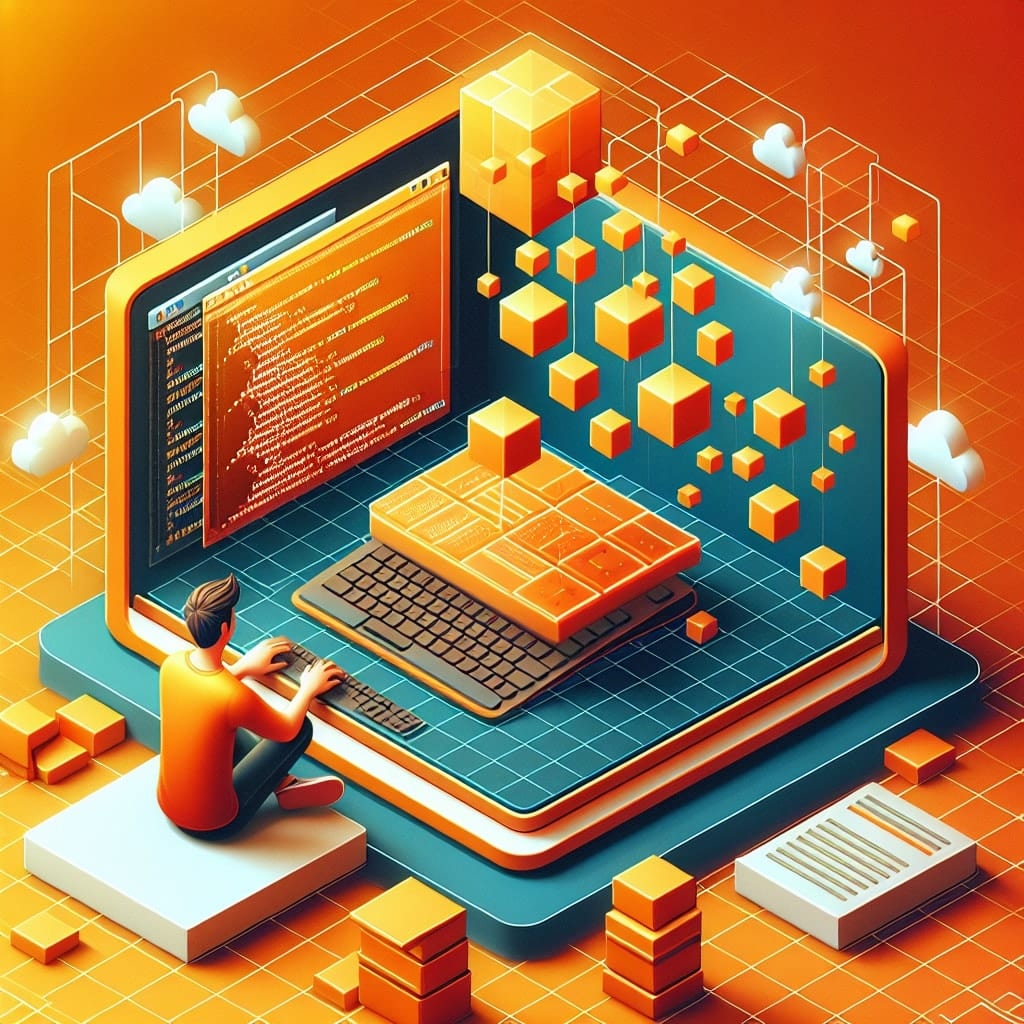 Isometric illustration of a figure typing at an oversized laptop showing code, with cubes and clouds floating around it