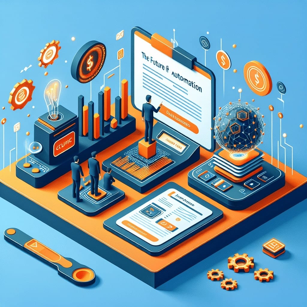 Isometric illustration of a figure presenting a document on a large screen, beside bar charts, currency coins and gears