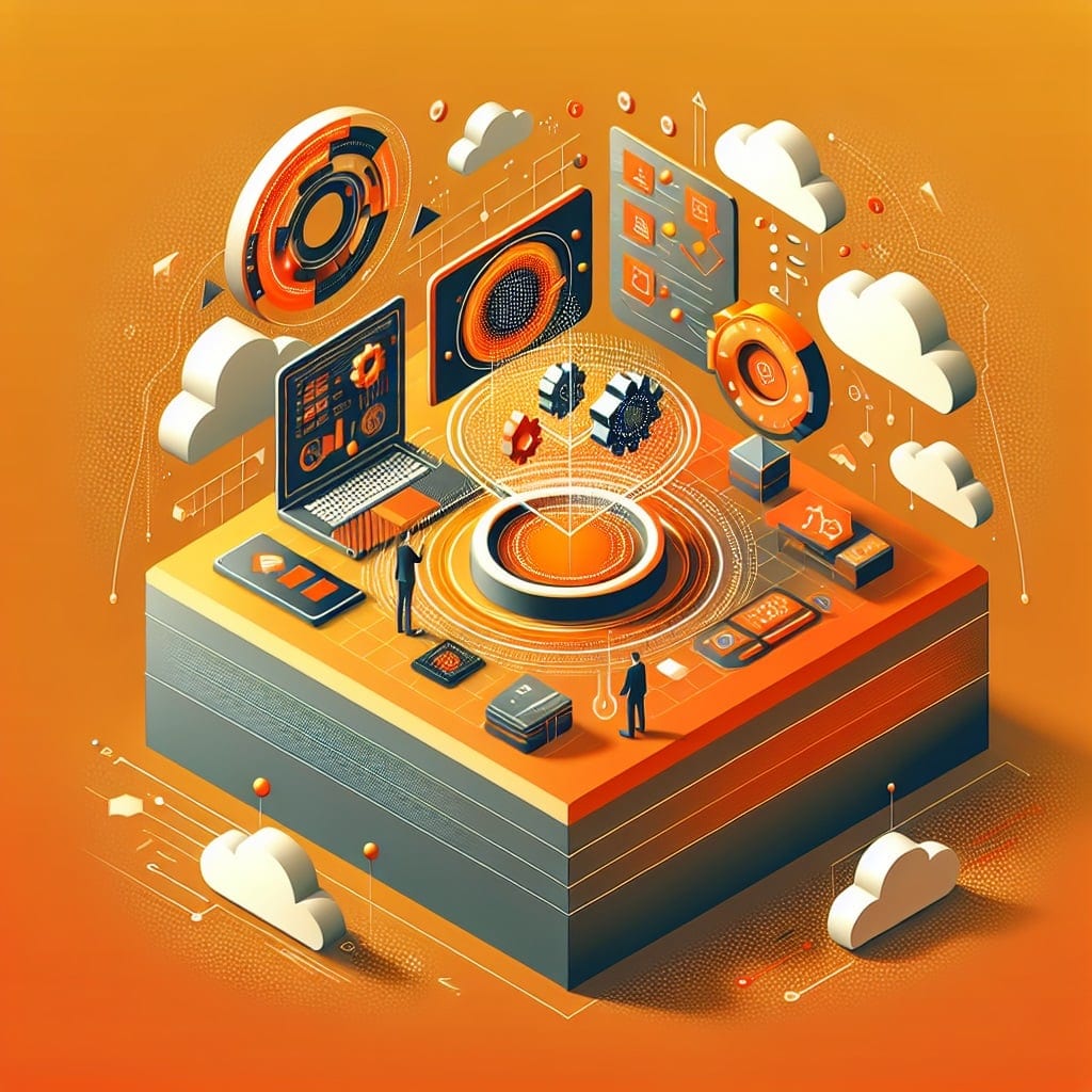 Ilustración isométrica de dos figuras ante un cuadro de mando circular luminoso sobre una plataforma, con portátiles, engranajes y nubes alrededor