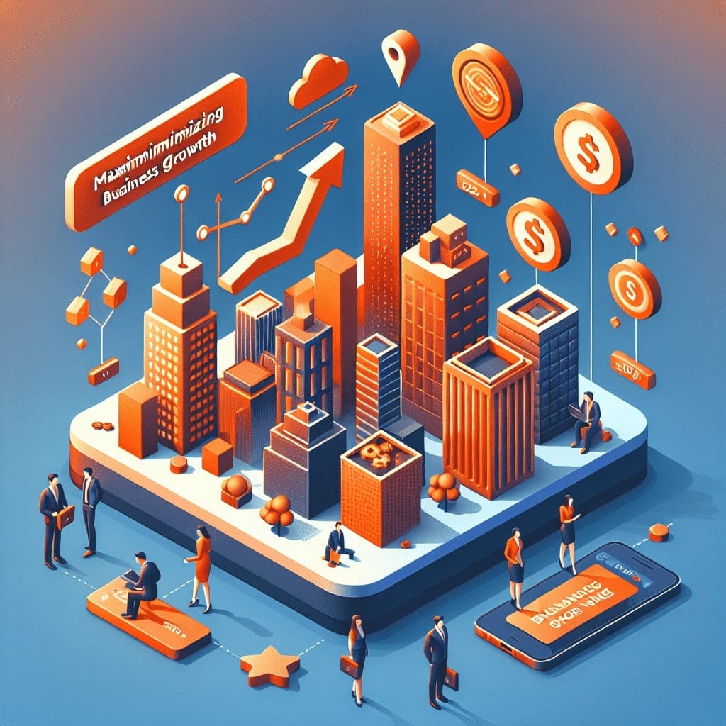 Isometric illustration of a city of office towers with a rising growth arrow and currency coins above it, and people below