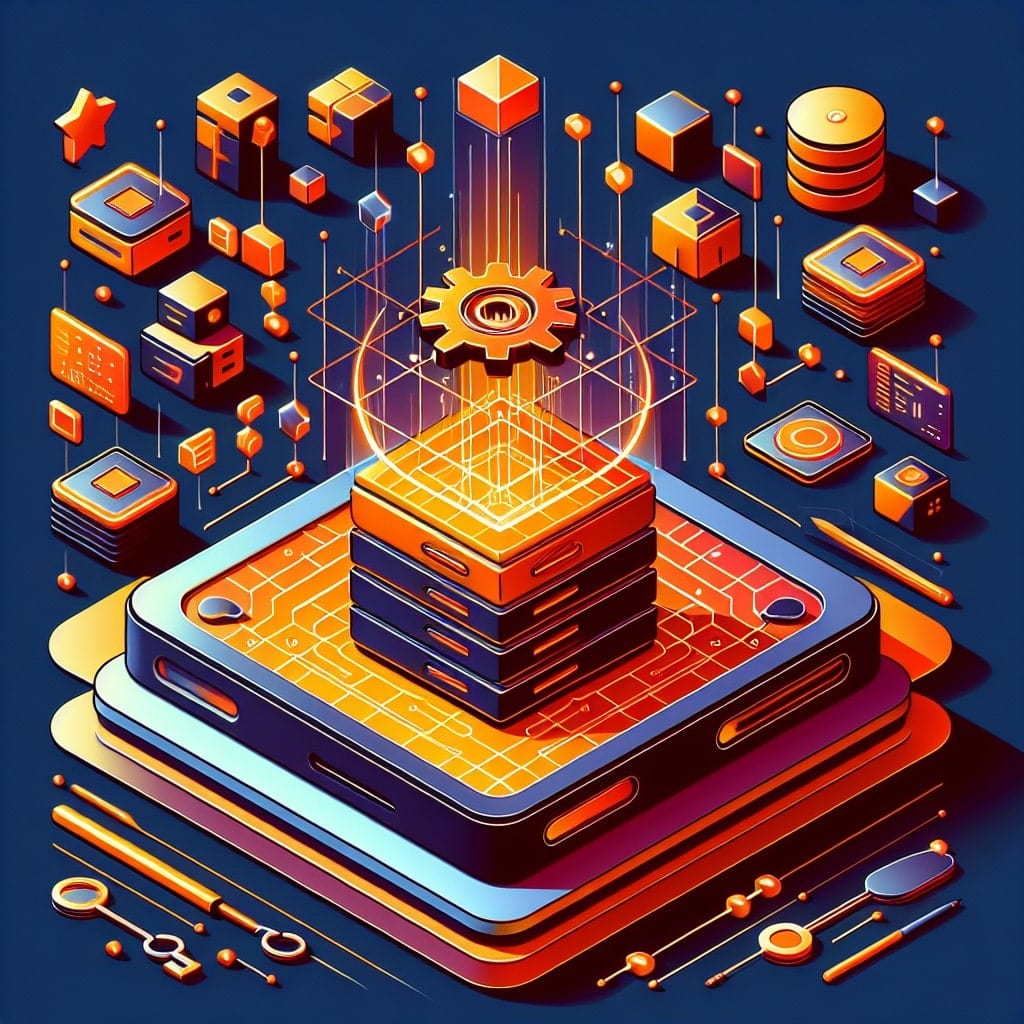 Isometric illustration of a glowing stack of database layers on a tablet, surrounded by floating data blocks