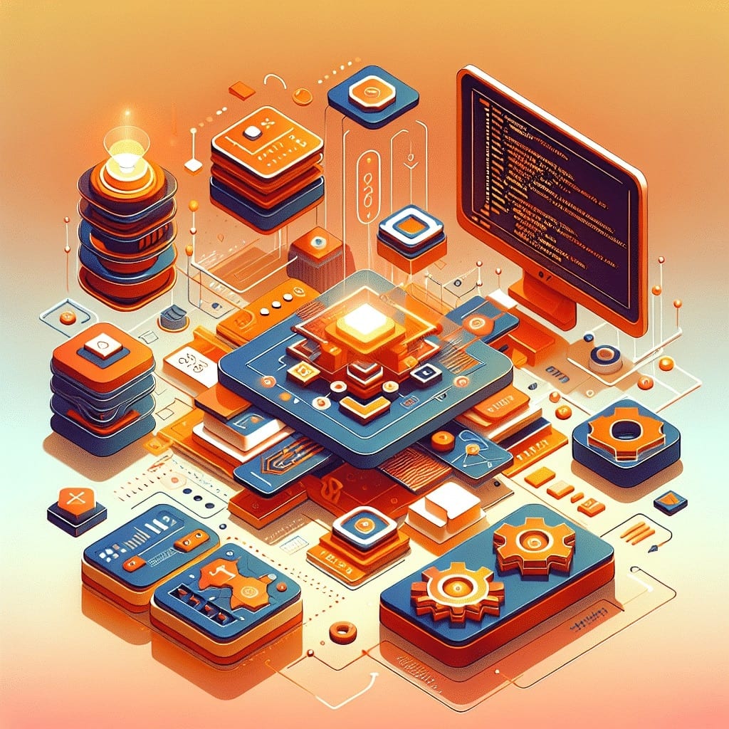 Isometric illustration of a glowing layered component stack beside a monitor showing code, with data panels and gears around it