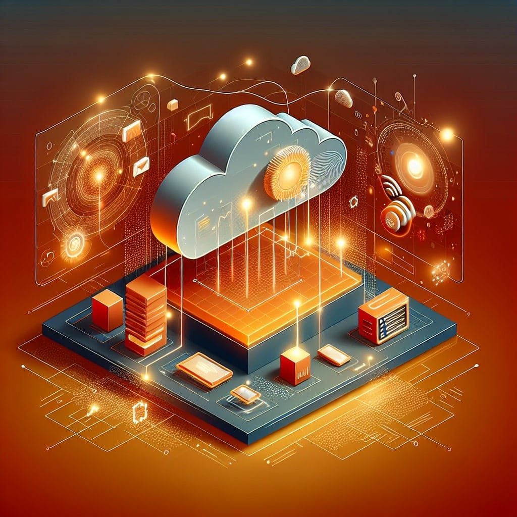 Isometric illustration of a cloud hovering over a platform of server stacks, between two glowing dashboard panels