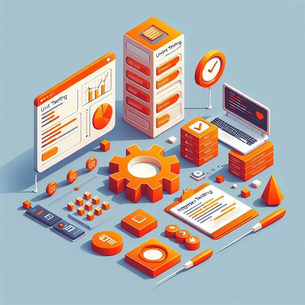Isometric illustration of a large gear among test dashboards, a checklist clipboard, a laptop and tick-marked cards