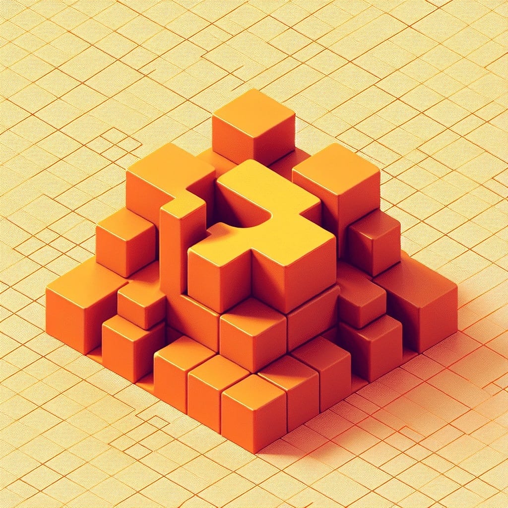 Isometric stack of orange cubes with a puzzle-piece block slotted into the centre