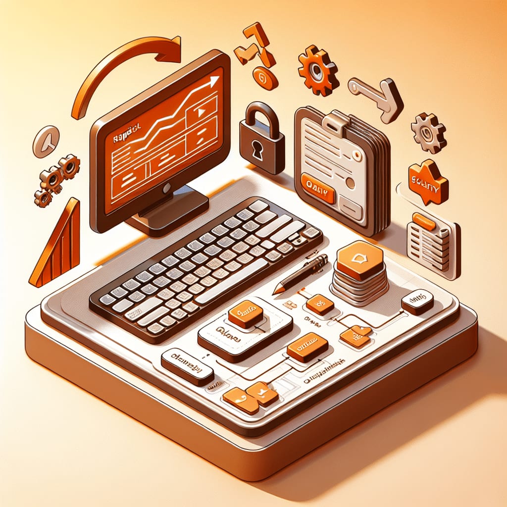 Isometric illustration of a monitor and keyboard on a platform, with a padlock, a clipboard and a workflow diagram around them