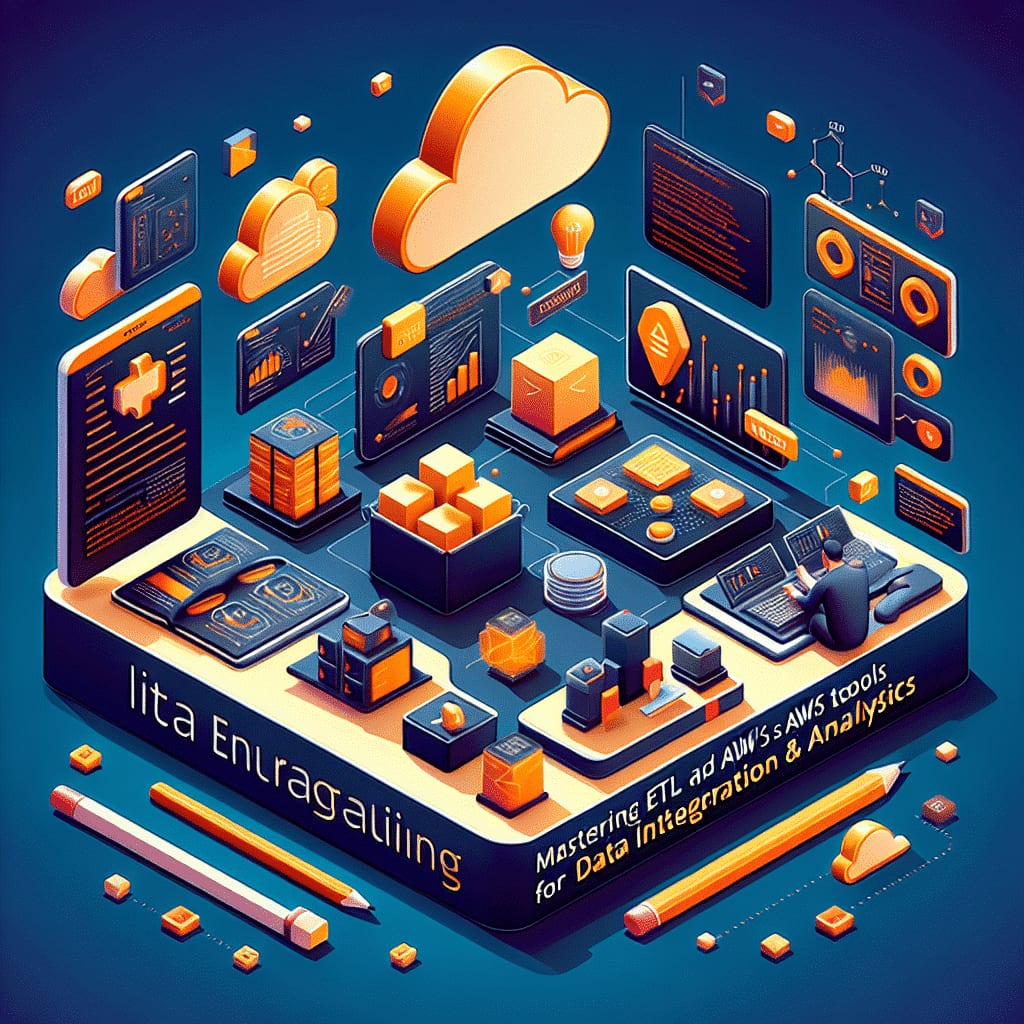 Isometric illustration of a data-engineering platform: storage blocks and dashboards under orange clouds, with a figure at a laptop