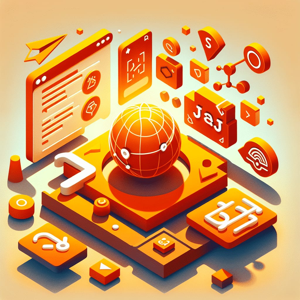 Isometric illustration of a wireframe globe on a platform, surrounded by floating code panels and JavaScript file tiles