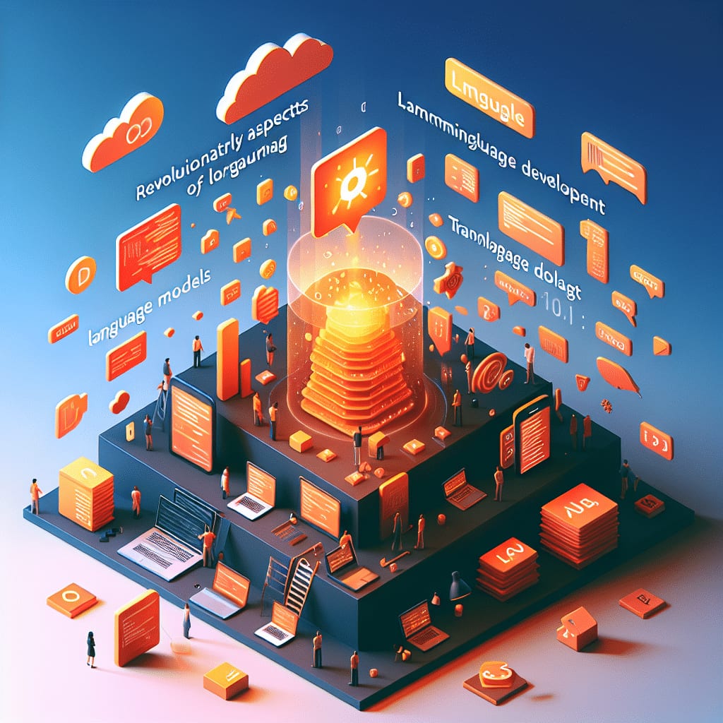 Isometric illustration of a glowing layered stack rising from a platform, surrounded by chat bubbles, laptops and small figures