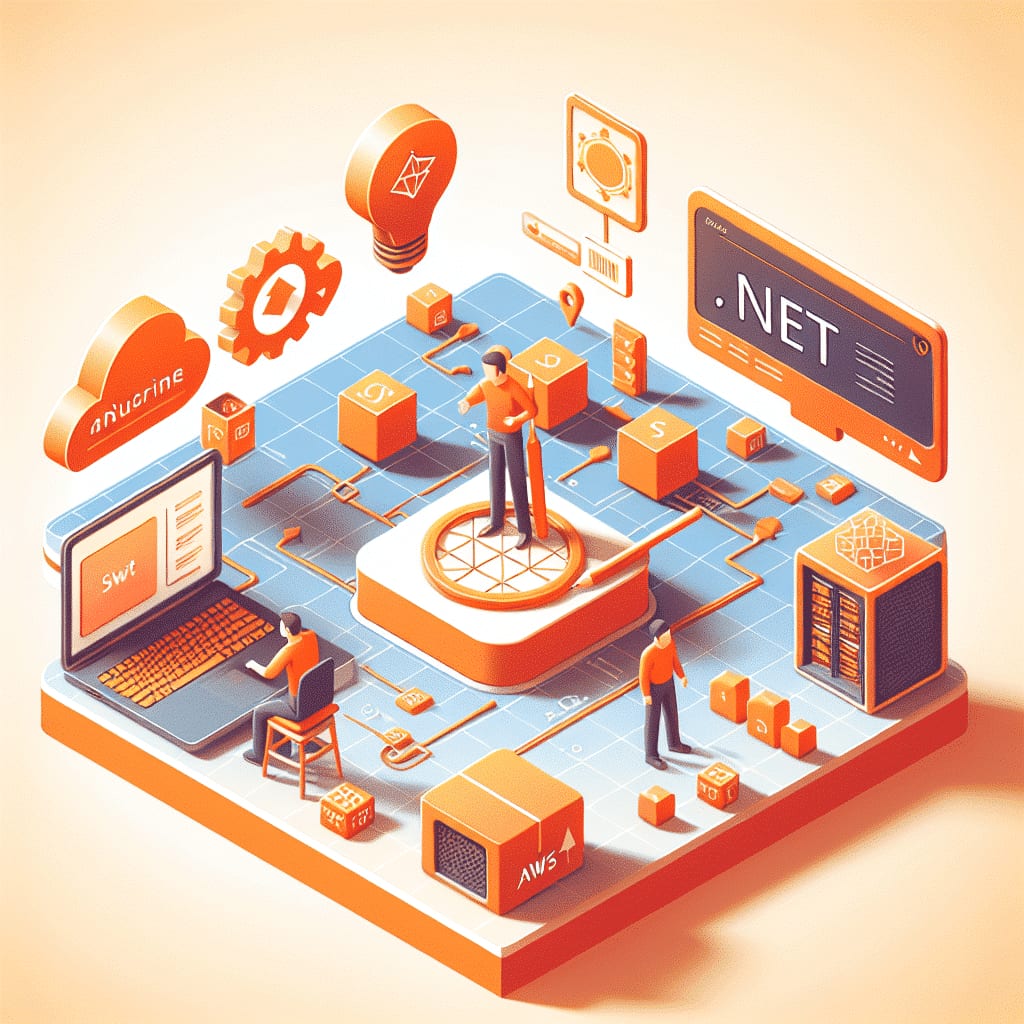 Isometric illustration of a development platform labelled “.NET”, with figures working at a laptop and an AWS-branded server block