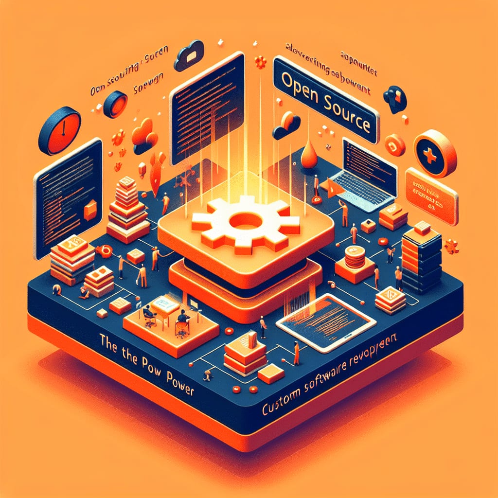 Isometric illustration of a large white gear on a platform labelled “Open source”, with developers and code panels around it