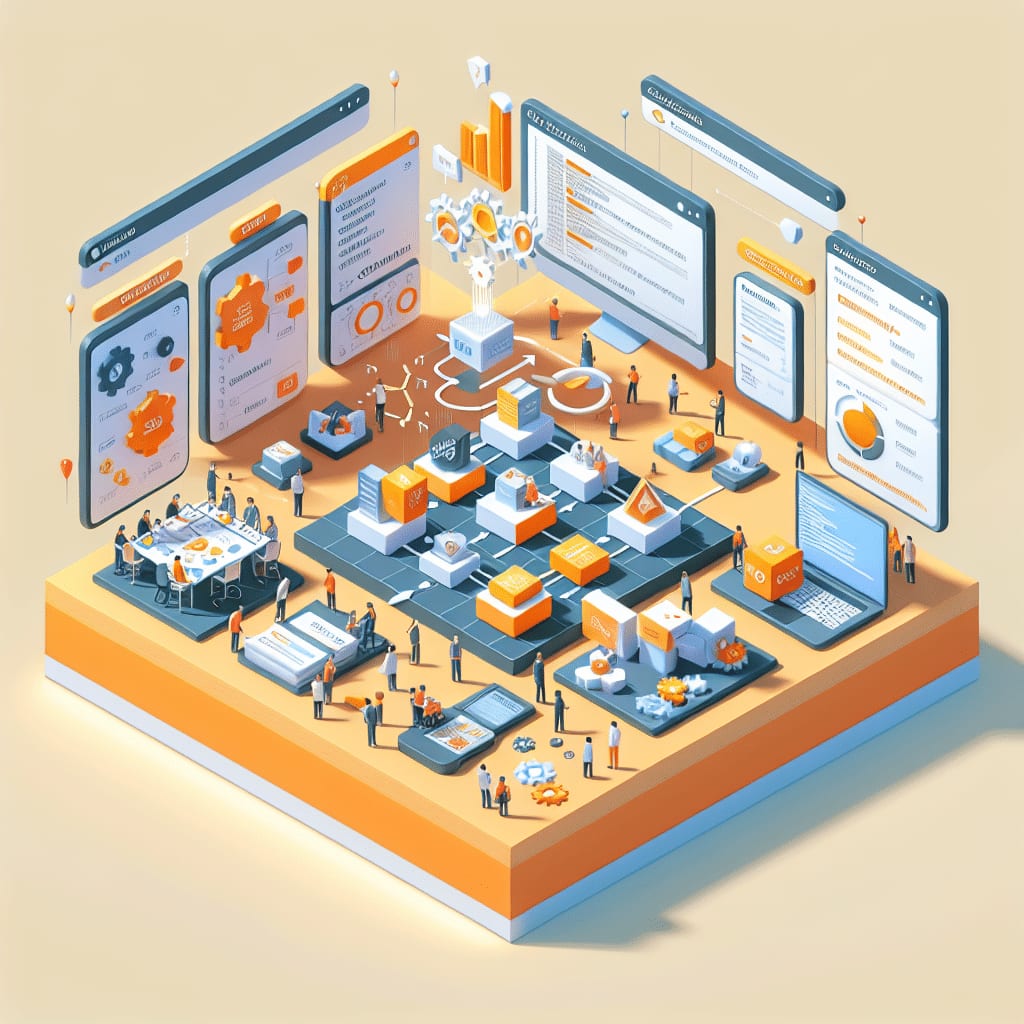 Isometric illustration of a development lifecycle laid out as linked stages on a platform, with teams working at each one