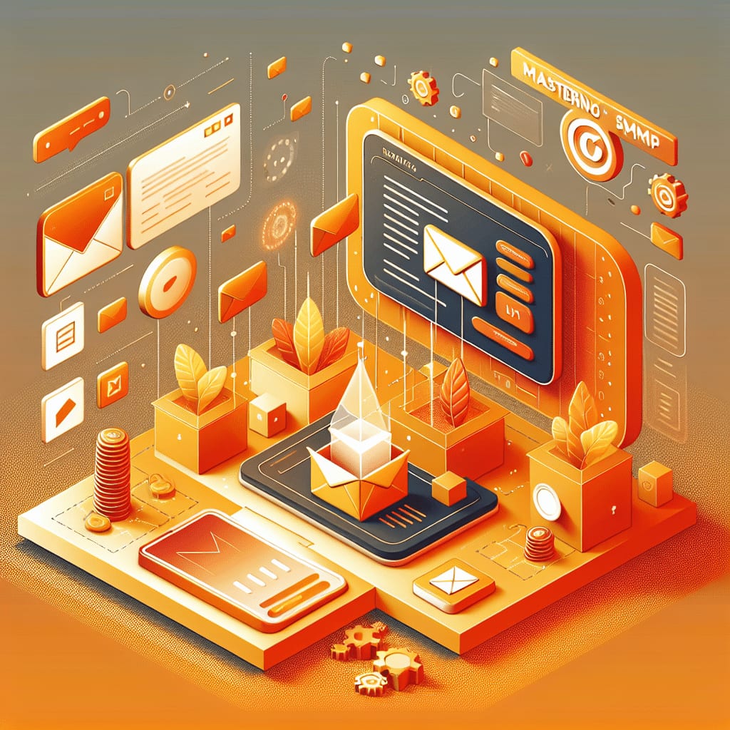 Isometric illustration of a monitor showing an open envelope, surrounded by floating mail icons and a paper plane