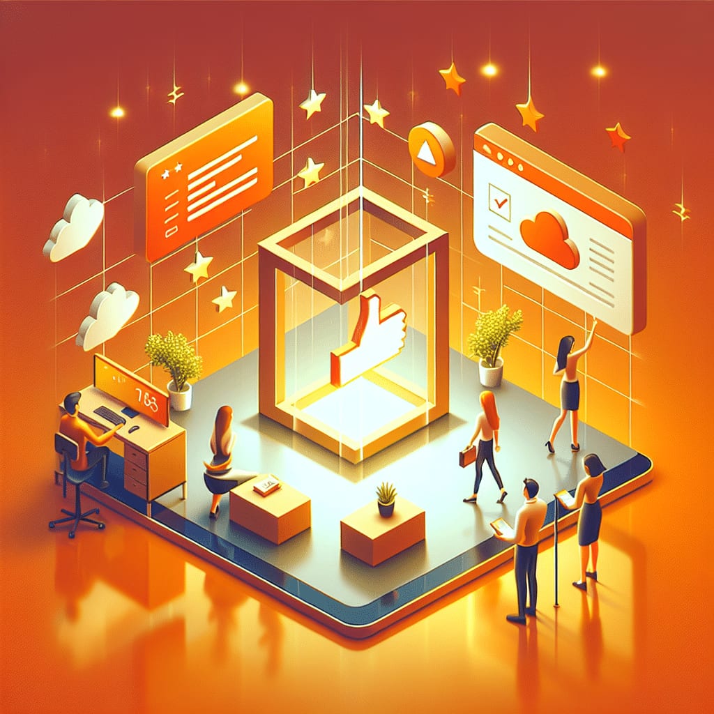 Isometric illustration of a glowing thumbs-up sealed in a glass cube on a platform, with people approaching it and login panels floating around