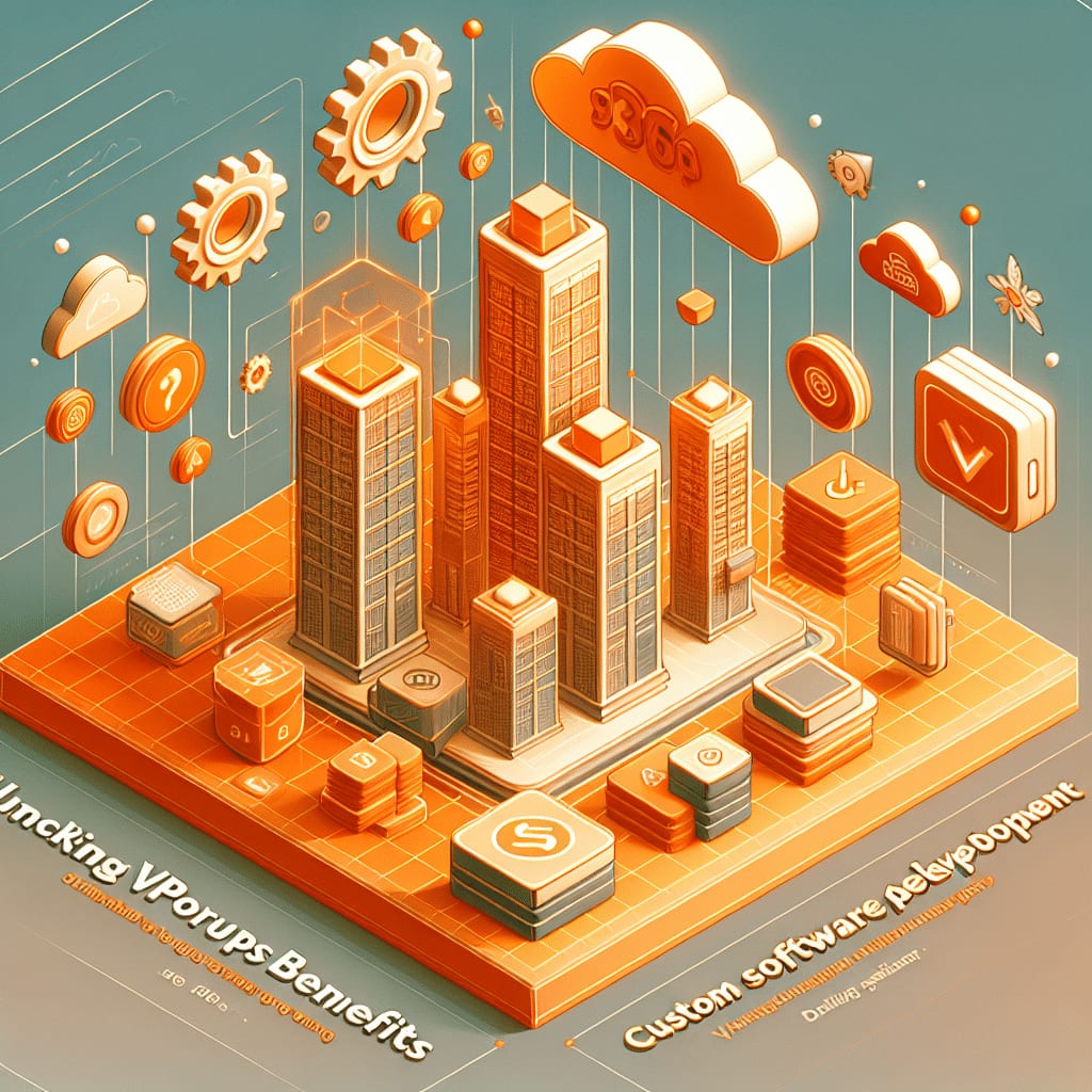 Isometric illustration of server towers on an orange platform, with clouds, gears and status icons hanging above them