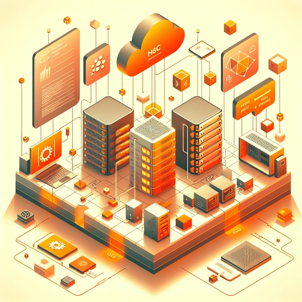 Isometric illustration of server racks on a platform under an orange cloud, wired to dashboards and a workstation