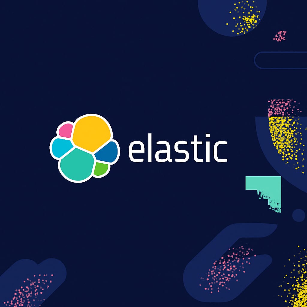 The Elastic logo and wordmark on a dark blue background scattered with confetti shapes