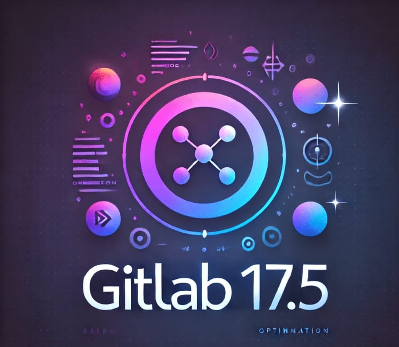 Illustration captioned “GitLab 17.5”, showing a glowing network node ringed by pipeline and settings icons