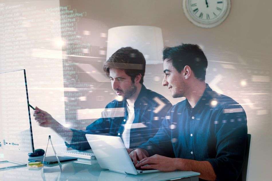 Team working on custom software development for a business application
